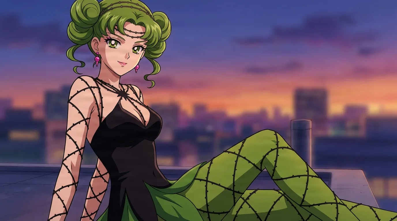 Tellu, a green-haired woman in a black dress with thorny vine-patterned tights, sits against a city skyline at sunset.