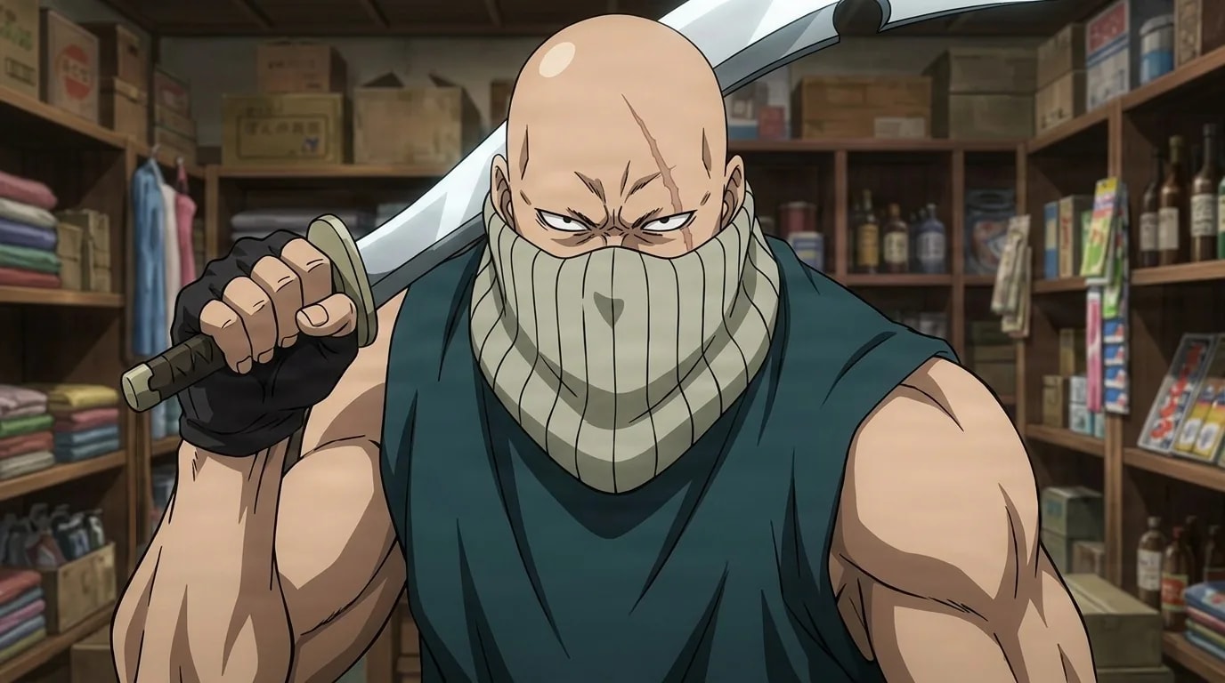 Bacho, a bald scarred man in a teal tank top and ribbed neck warmer, resting a broad blade on his shoulder inside a cluttered shop