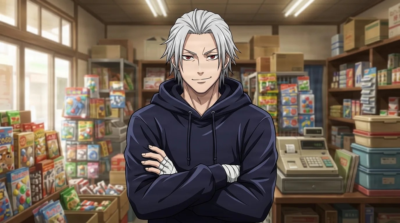 Gaku smirking with arms crossed and bandaged hands, silver hair and red eyes, navy hoodie, standing in a cluttered corner shop