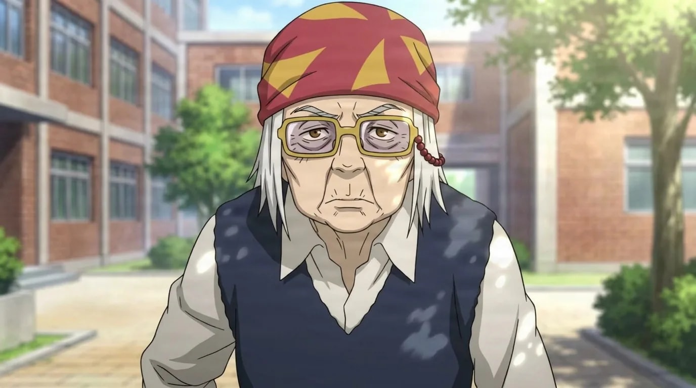 Granny Miya, an elderly woman with white hair, a red bandana and yellow glasses, in a gray vest in a school courtyard.