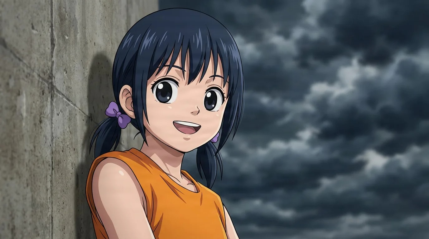 Hana Sakamoto, a girl with dark blue pigtails and an orange top, smiling as she leans against a wall under a stormy sky.