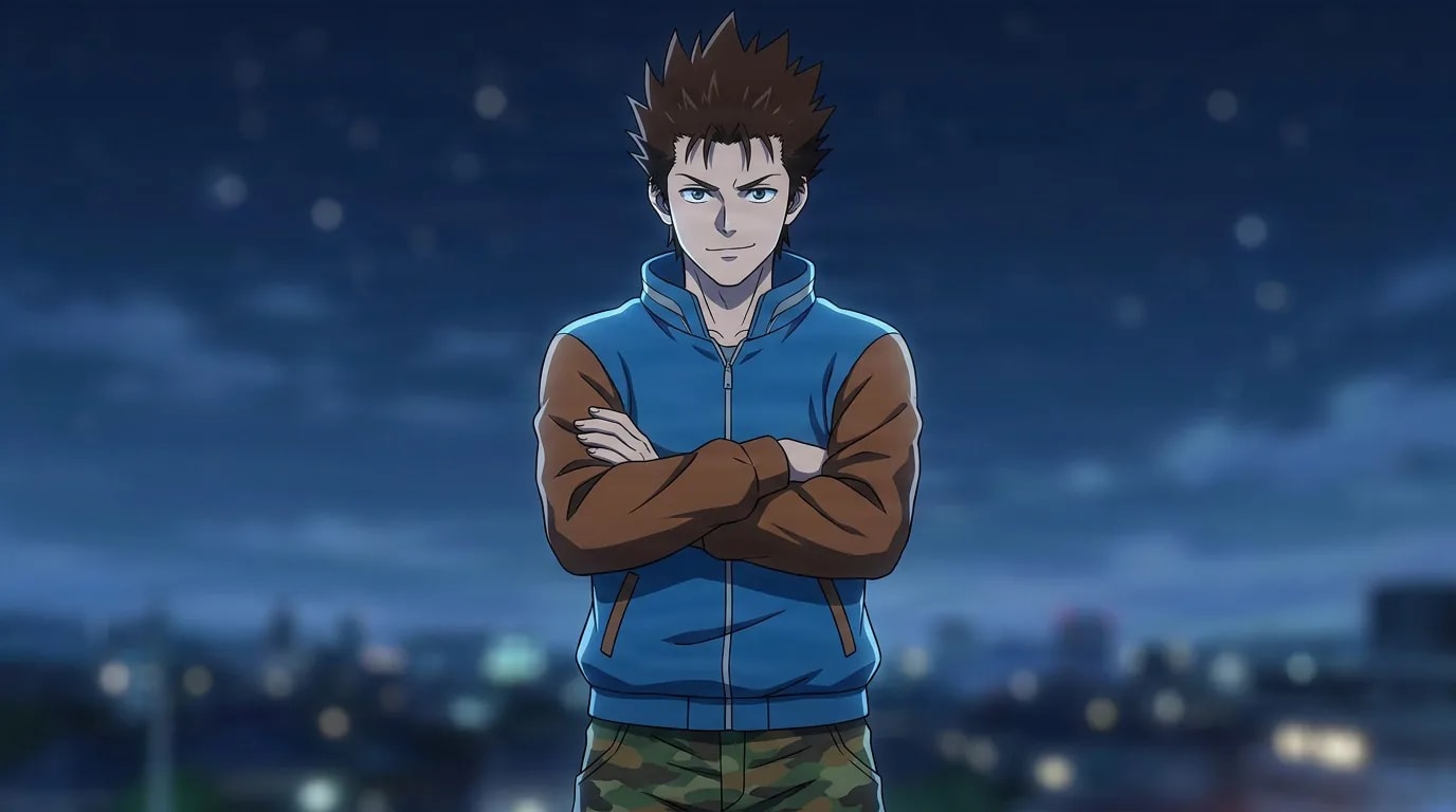 Heisuke Mashimo, a spiky-haired young man in a blue and brown jacket, arms crossed on a rooftop above city lights at night.