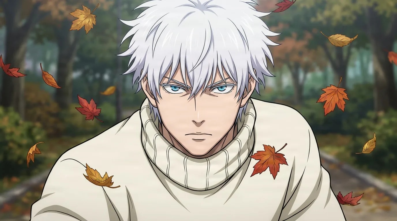 Kei Uzuki, a white-haired man with blue eyes in a cream turtleneck, amid falling maple leaves in an autumn park.