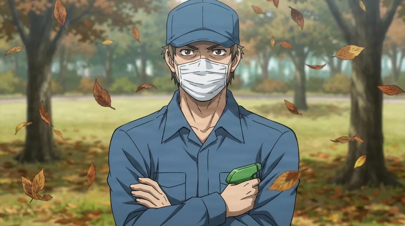 Kurii Ningu, a man in a blue cap and surgical mask and work coveralls, arms crossed holding a spray bottle in an autumn park.