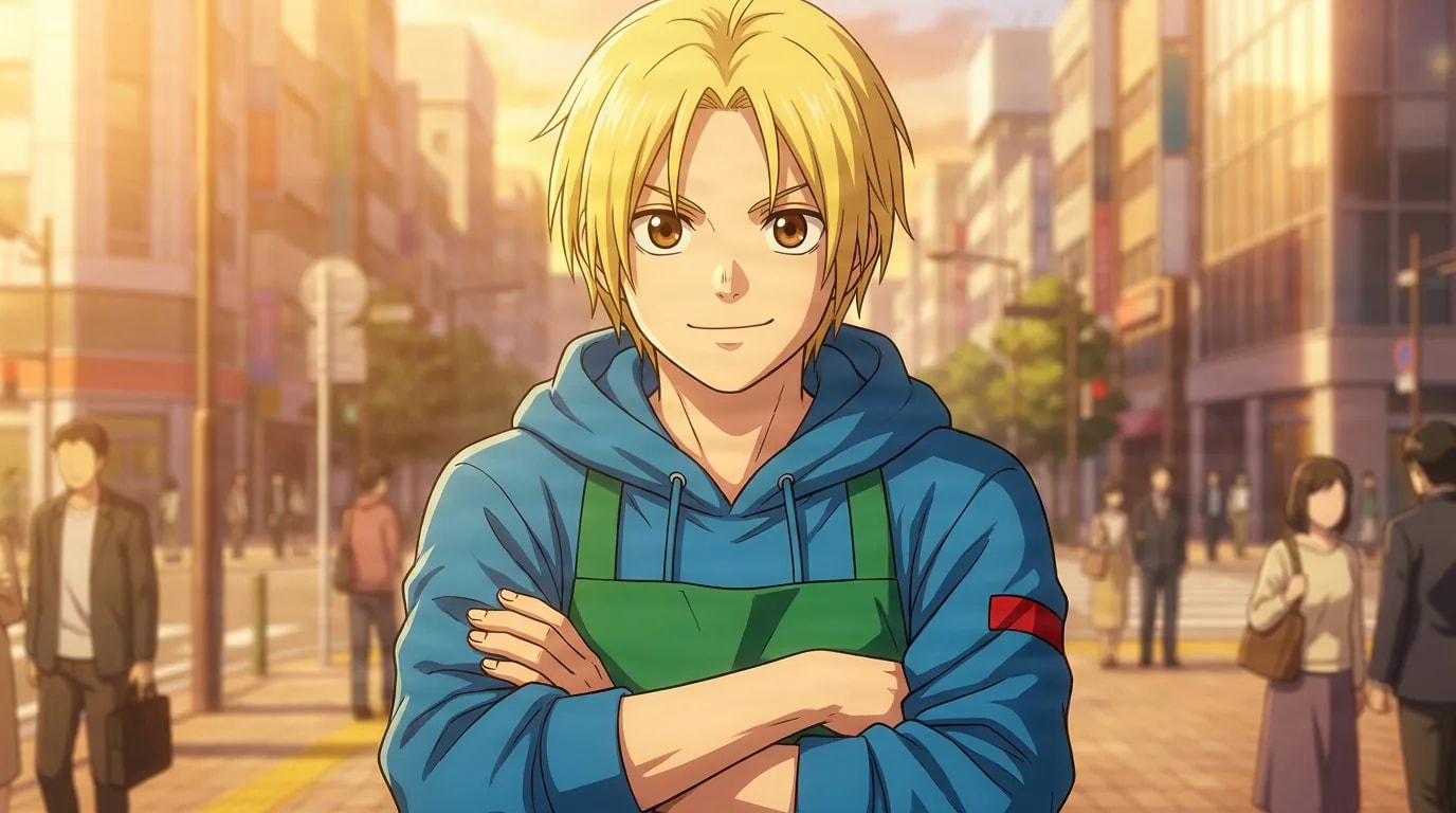 Shin Asakura, a blond young man in a blue hoodie and green apron, arms crossed on a sunlit city street.