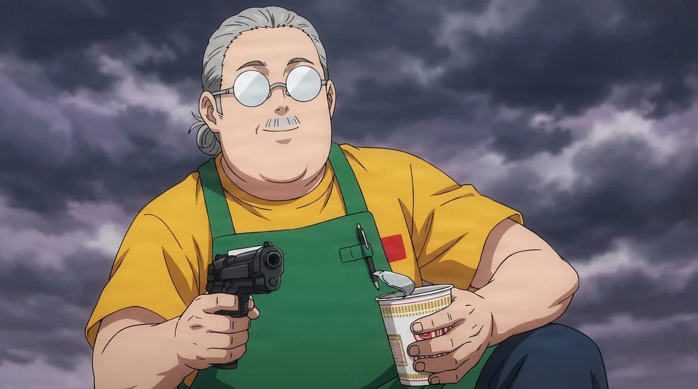 Taro Sakamoto, a heavyset man with gray hair and round glasses in a green apron, holding a pistol and a cup of noodles.