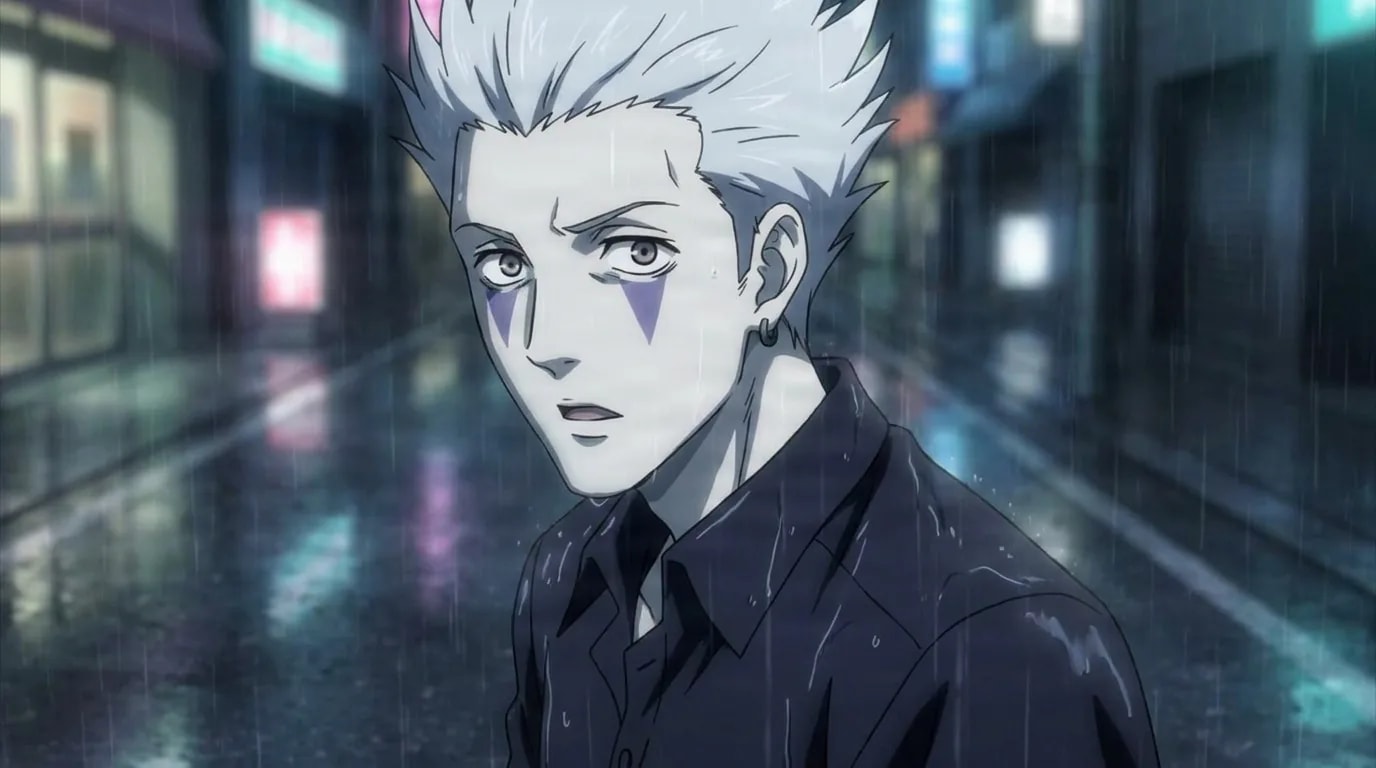 Tatsu, a white-haired young man with purple markings under his eyes, in a black shirt on a rainy neon-lit street.