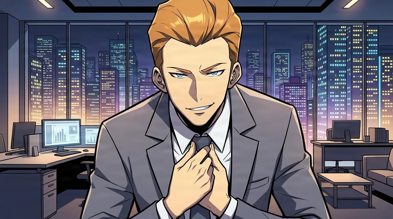 A ginger-haired man in a gray suit smirks while adjusting his necktie in front of a glowing night city skyline