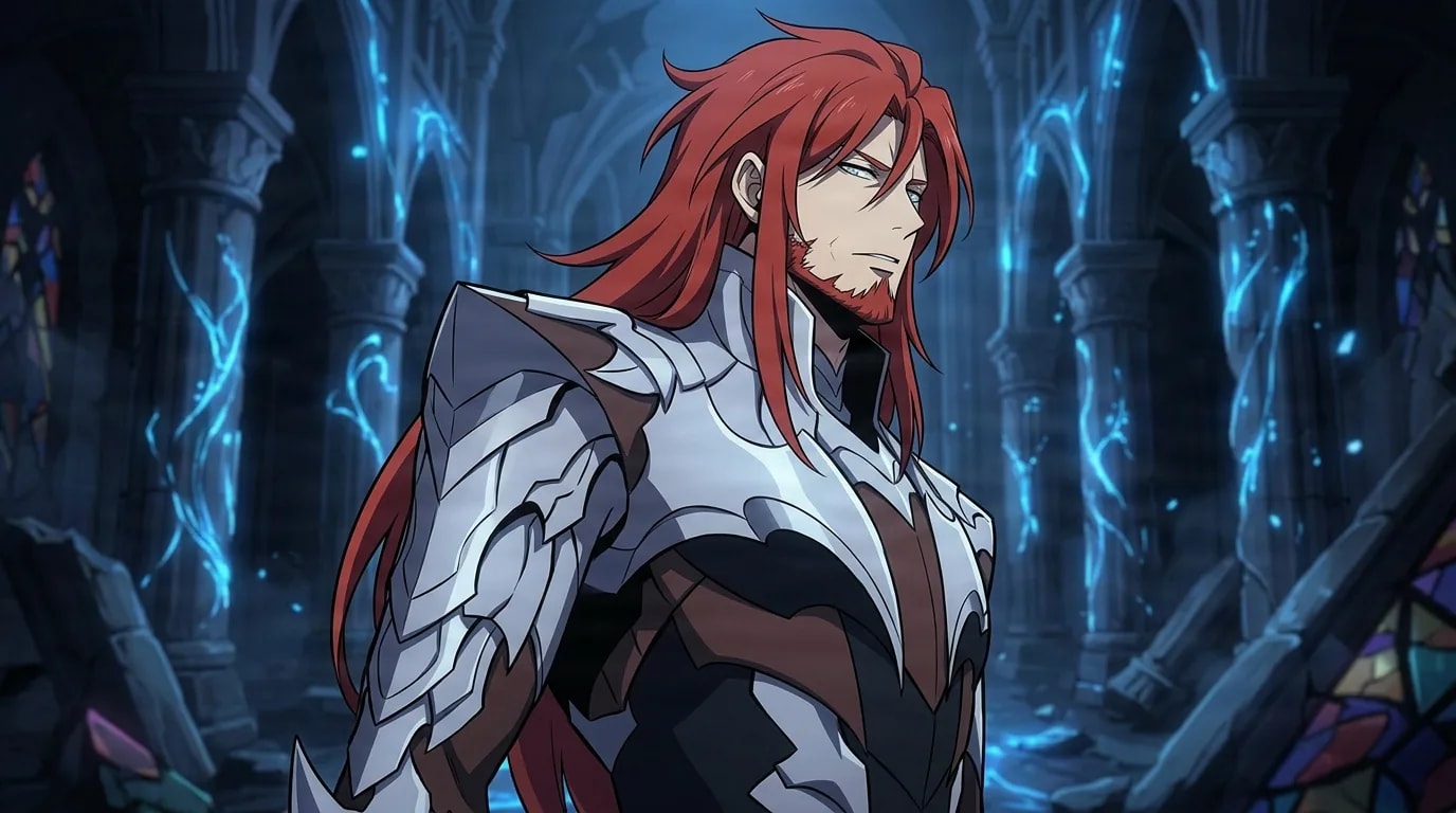 Long red-haired armored warrior in silver plate glancing to the side inside a ruined cathedral hall lit by blue mana light.