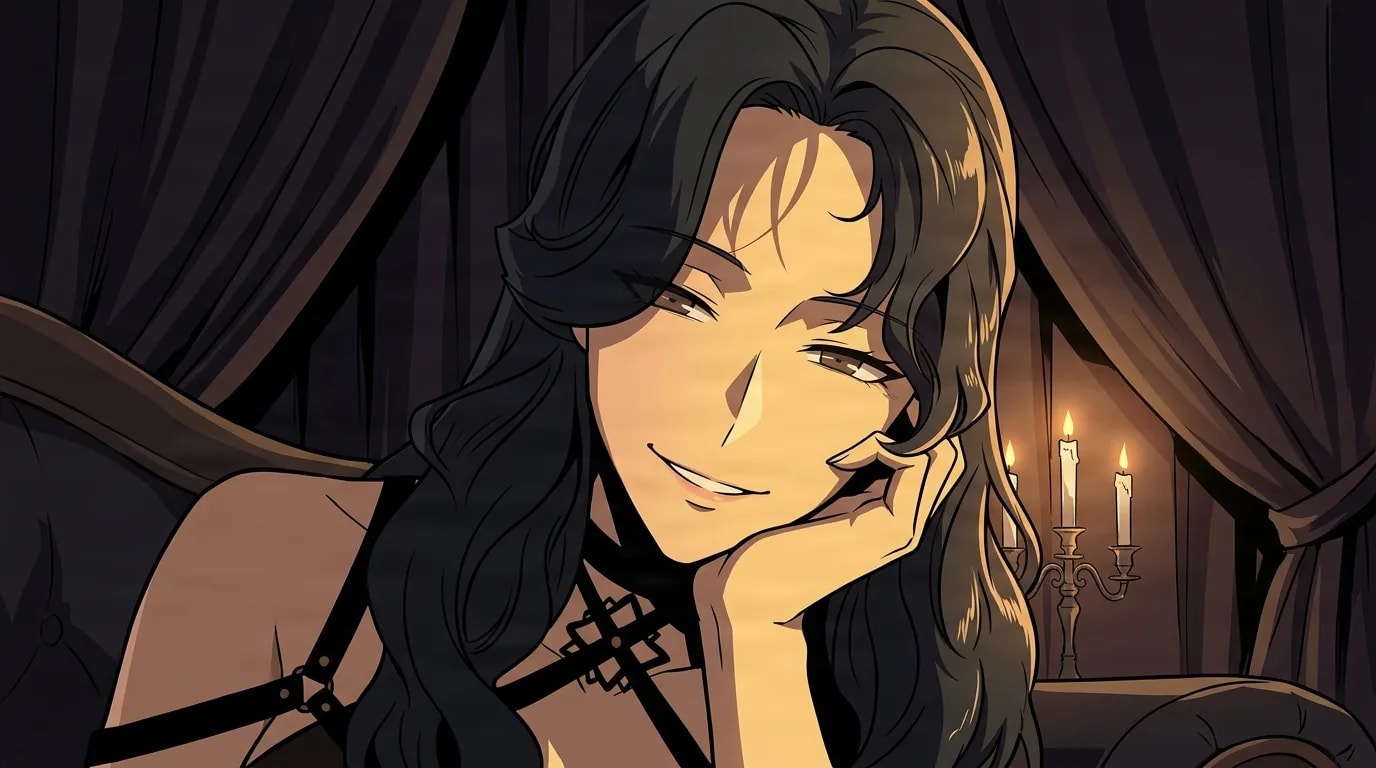 A woman with long black wavy hair rests her chin on her hand with a sly smile in a candlelit dark lounge