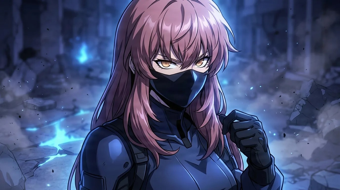 Long-haired woman in a dark bodysuit and black face mask raising a gloved hand on a ruined street lit by blue mana light.