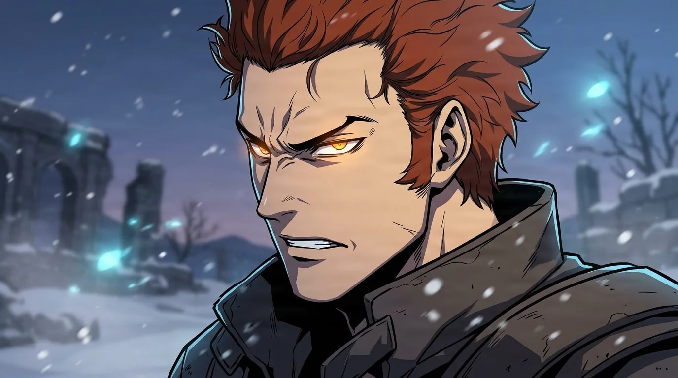 Fierce spiky-haired man with glowing eyes snarling in a dark collared coat on a snowy battlefield of ruins.