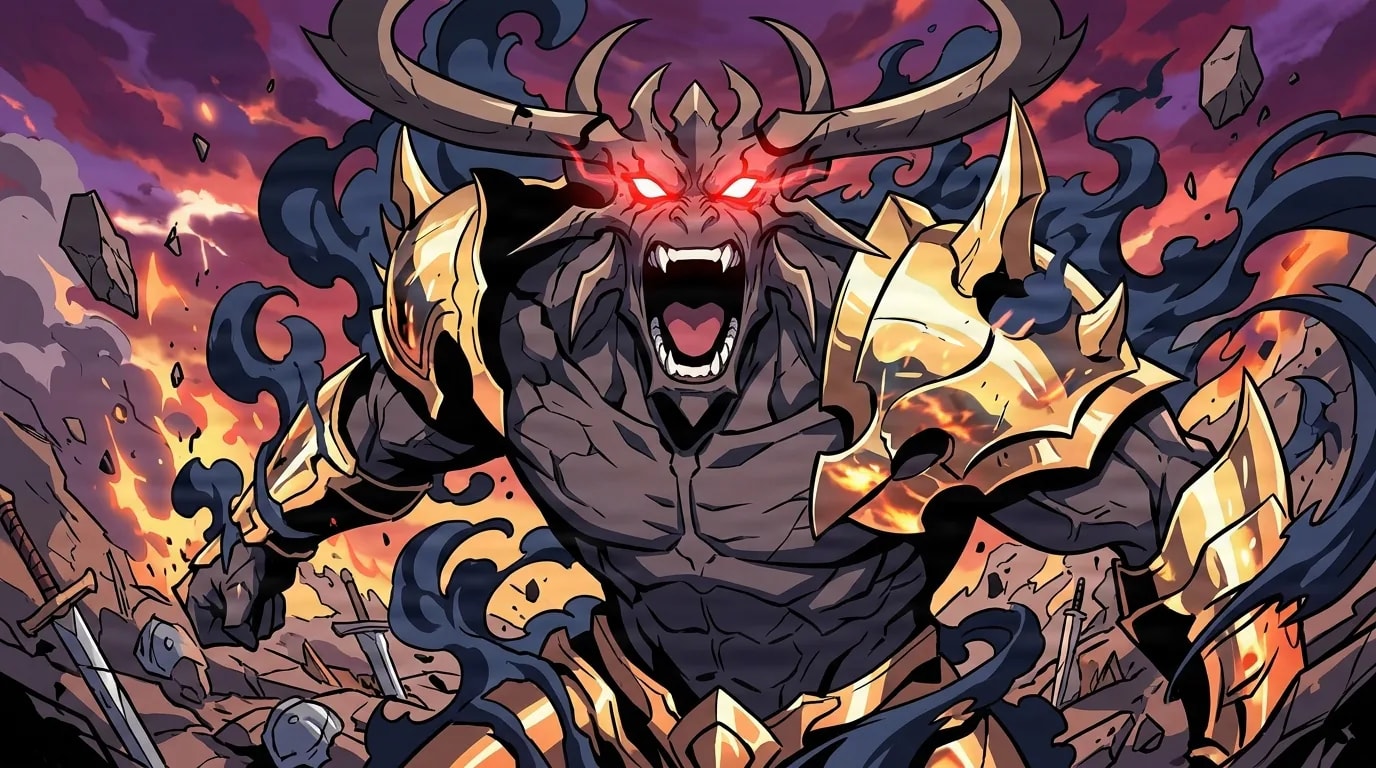 A horned gray demon in golden armor roars with glowing red eyes on a fiery ruined battlefield