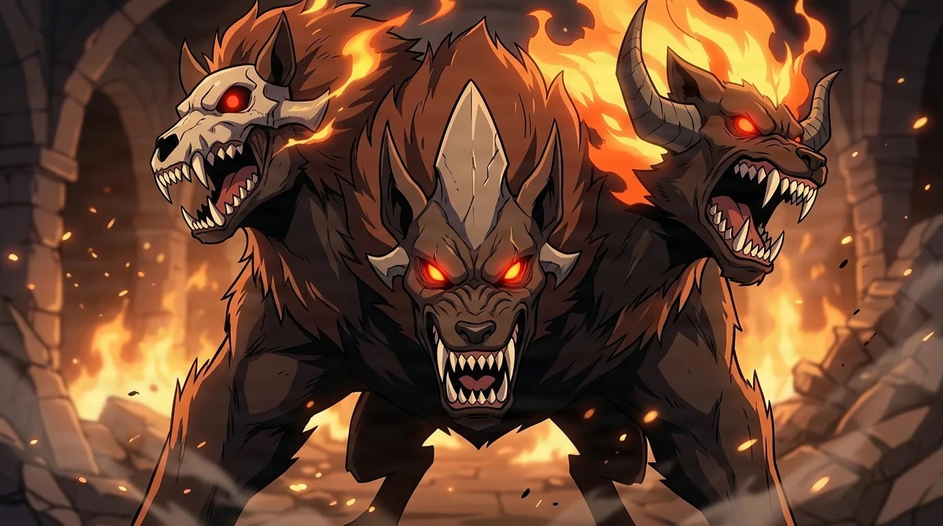 Three-headed hound beast wreathed in flame snarling with all three fanged maws in a burning ruined dungeon corridor.