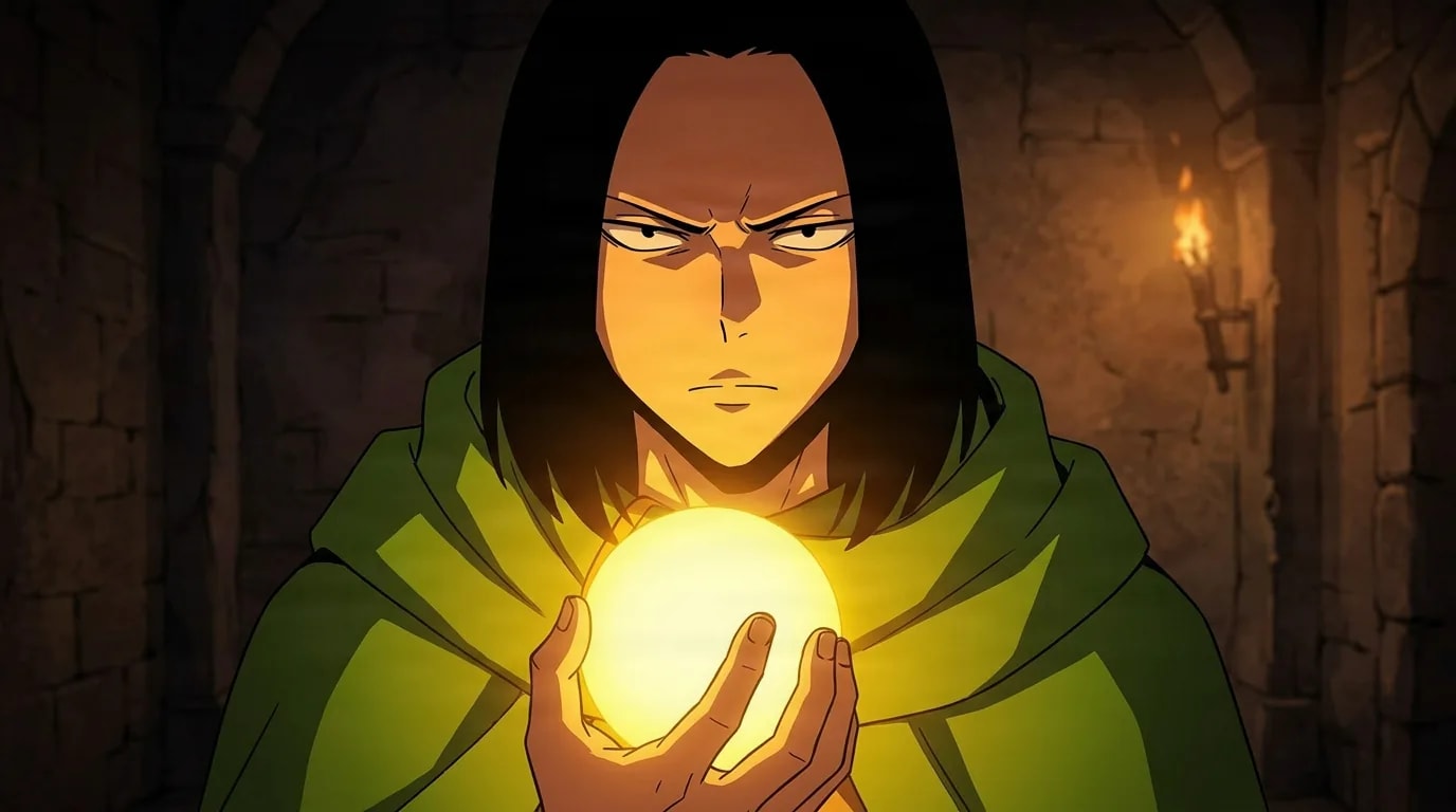 A long-haired man in a green hood cups a glowing golden orb of light in a torch-lit stone chamber