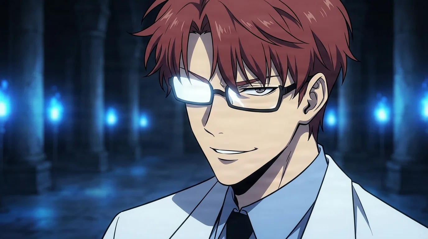 Red-haired man in glasses and a white coat smirking confidently in a dark pillared hall lit by blue mana lamps.