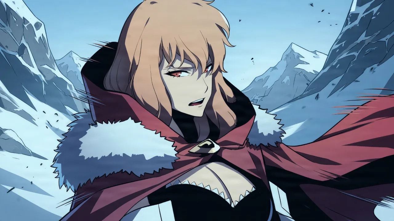An orange-haired woman with red eyes wears a red fur-trimmed cloak in a windy snowy mountain pass