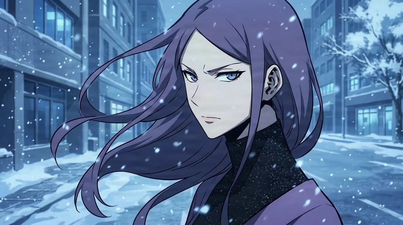 A woman with long purple hair and sharp blue eyes stands on a snowy city street in a black turtleneck, wind lifting her hair as snow falls around her.