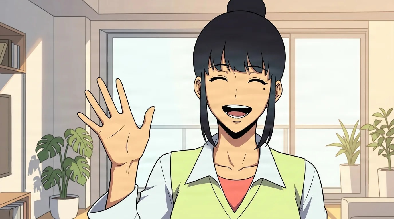 A cheerful young woman with black hair in a bun and blunt bangs laughs with eyes shut and one hand raised in a wave, wearing a green sweater vest in a sunlit room with houseplants.