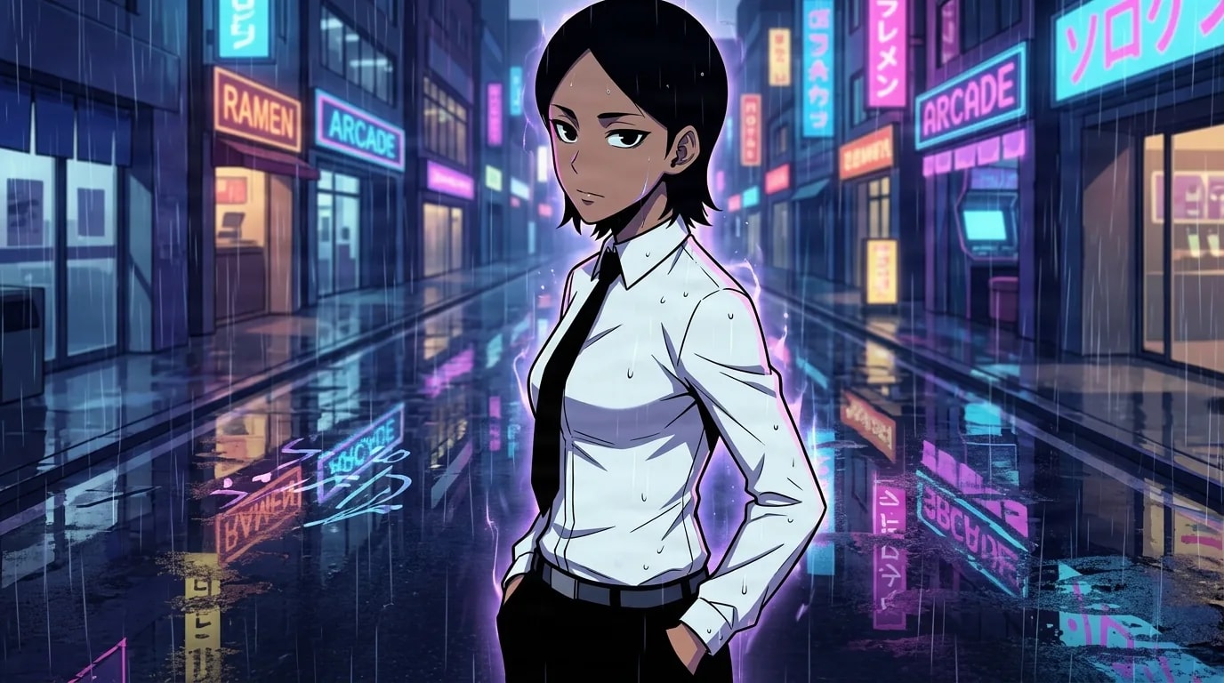 A short-haired character in a white dress shirt and loose black tie stands with hands in pockets on a rain-soaked neon-lit city street at night, glancing to the side.