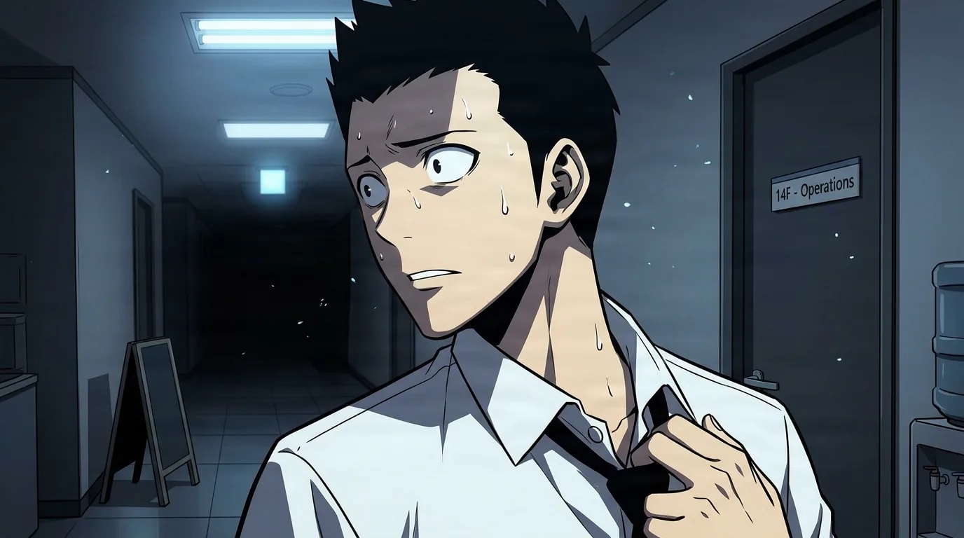 A sweating man with spiky black hair grips his necktie and glances nervously to the side in a dim office corridor marked 14F Operations, lit by cold overhead lights.