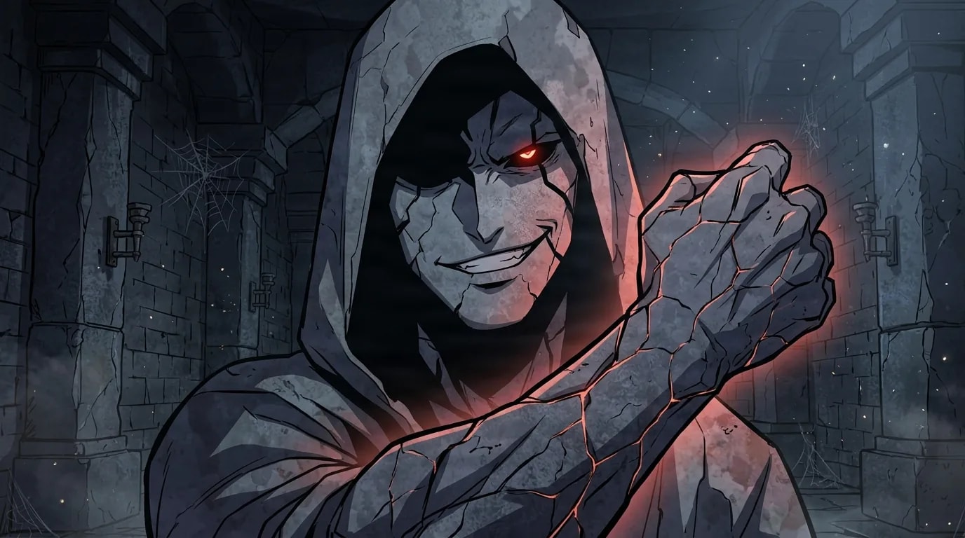 A hooded stone-skinned figure with a glowing red eye grins inside a dark dungeon, raising a cracked fist wreathed in faint red light while dust drifts between stone pillars