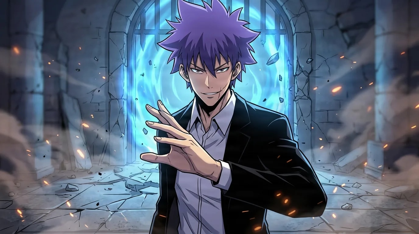 Kang Taeshik, a spiky purple-haired man with a facial scar in an open black suit over a white shirt, raising one hand before a glowing blue dungeon gate in a cracked stone chamber.