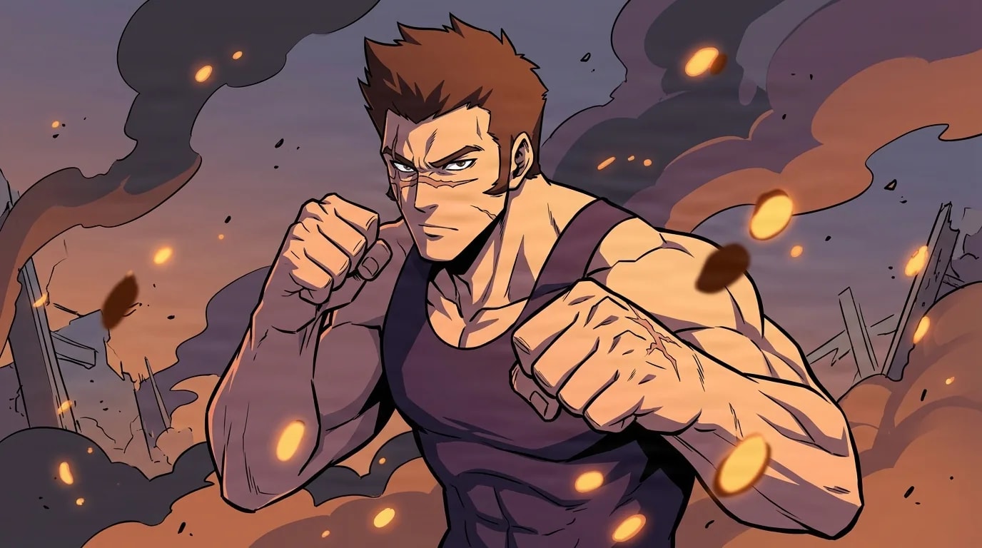 A muscular scarred man with spiky brown hair in a dark tank top raises both fists in a fighting stance on a smoking battlefield with embers drifting around him