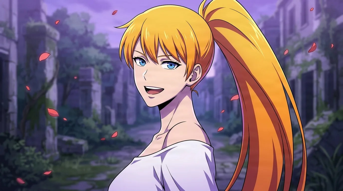 Lee Joohee, a young woman with long orange hair in a high ponytail and blue eyes, smiling brightly in an off-shoulder white top on a ruined street at dusk with drifting petals.