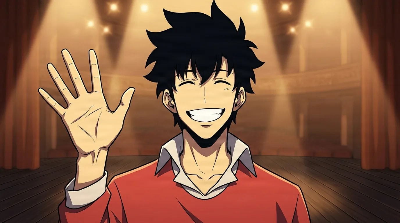 A grinning young man with messy black hair in a red sweater over a white collared shirt raises an open hand in greeting on a warm spotlit theater stage