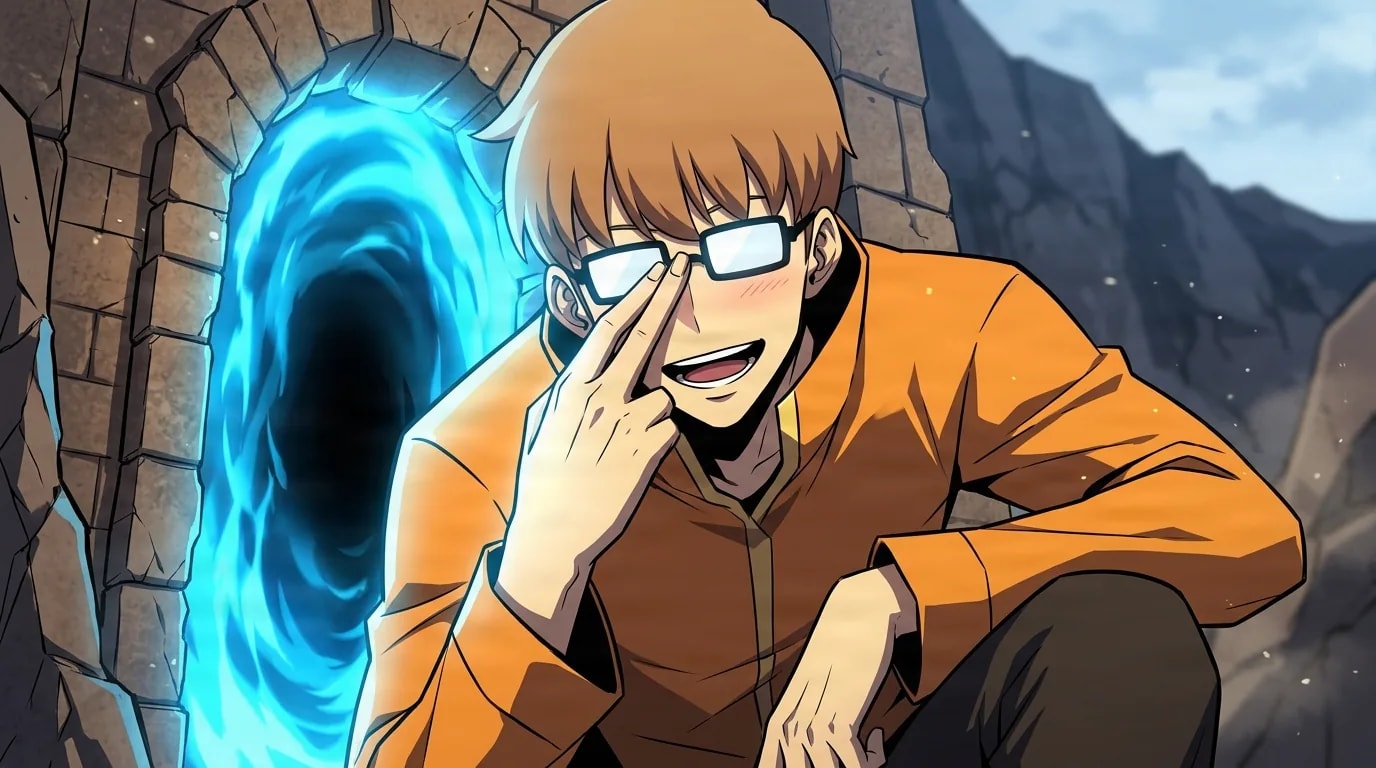 Young man in an orange jacket and glasses crouching beside a glowing blue dungeon portal, grinning as he pushes up his glasses