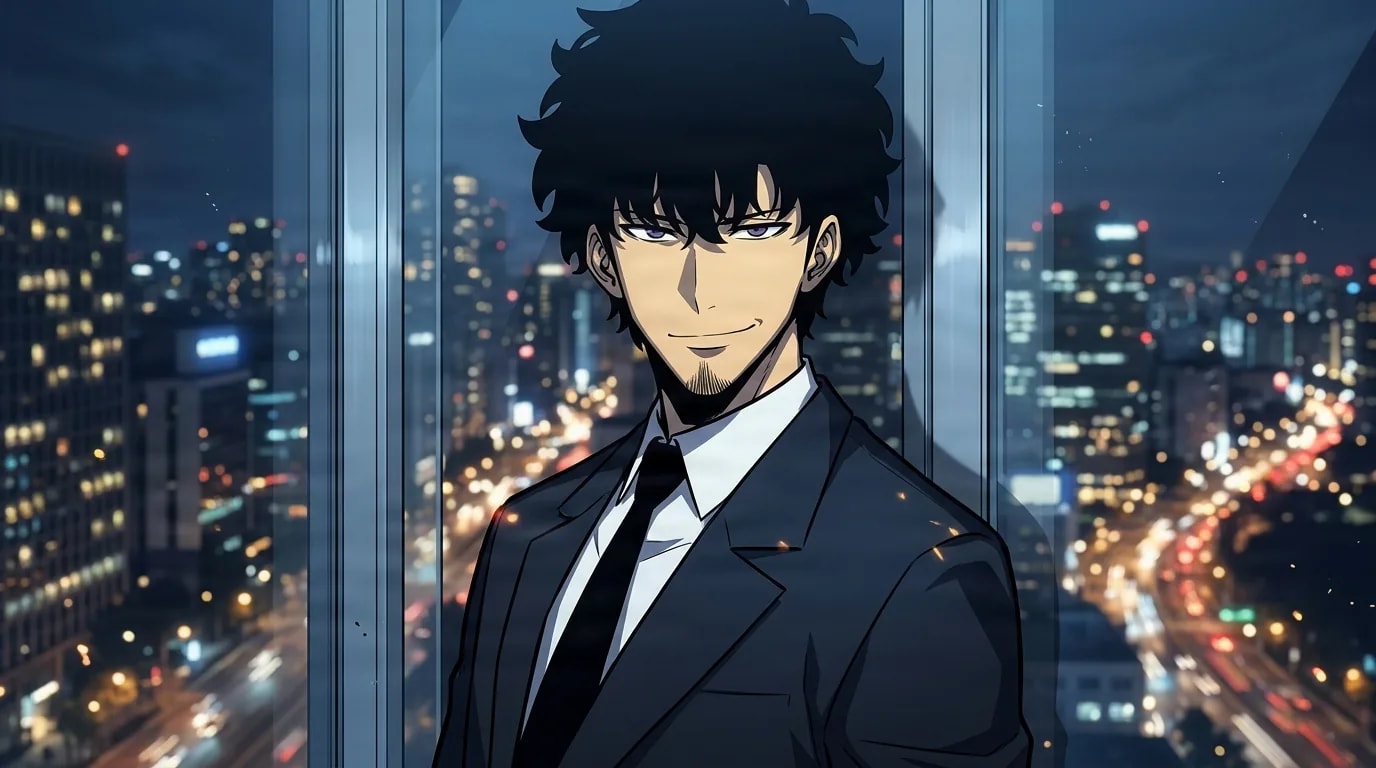 Man with curly black hair and a black suit smirking while leaning against a high-rise window over a glowing night city