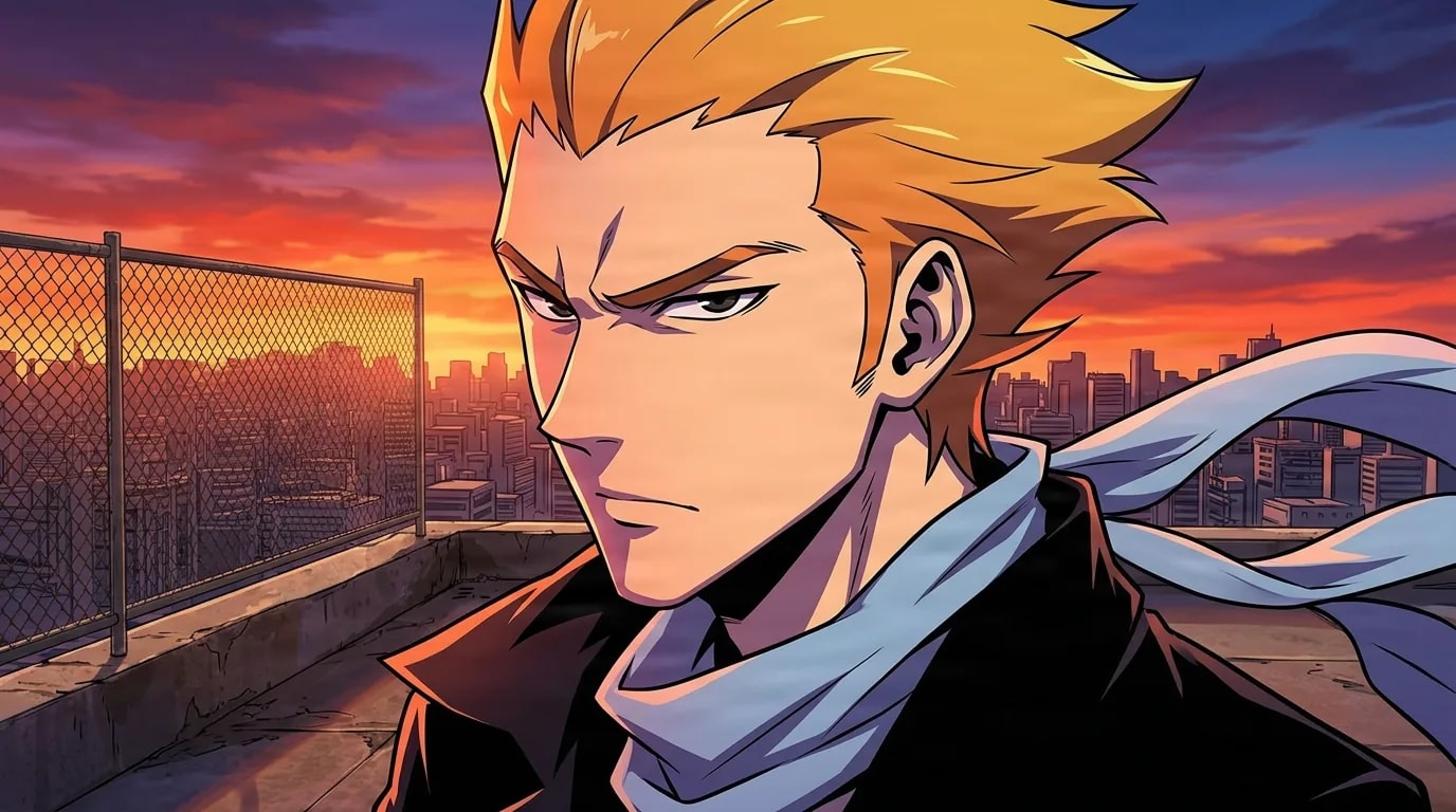 Homme aux cheveux orange avec une écharpe blanche sur un toit au coucher du soleil, faisant face à la caméra avec un regard perçant et déterminé