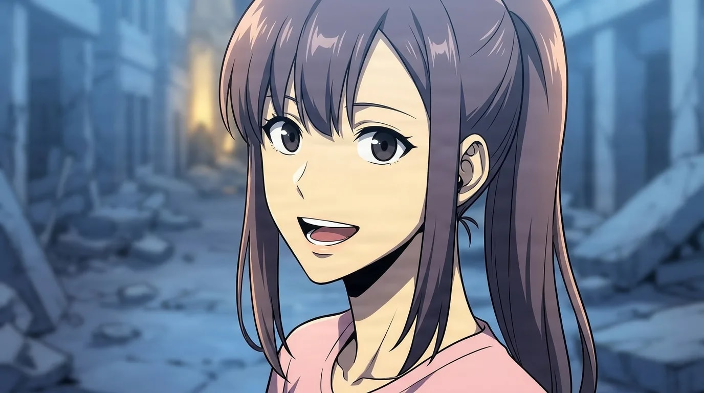 Sung Jinah, a long-haired young woman in a pink top, smiles brightly on a rubble-strewn ruined city street lit by soft blue evening light.