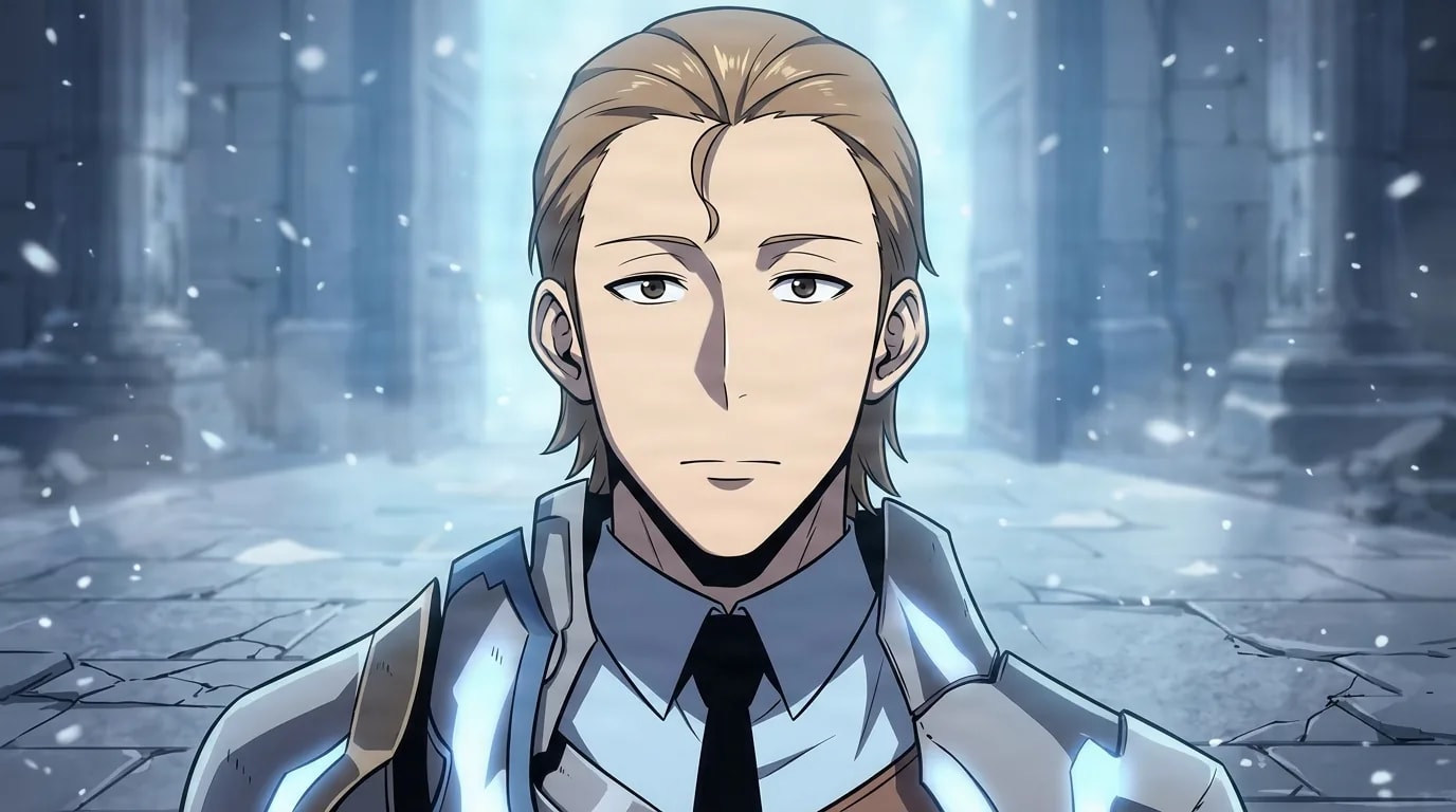 Woo Jinchul, a composed man with slicked-back hair in silver armor and a tie, stands calmly at a snowy dungeon gate glowing with blue mana light.