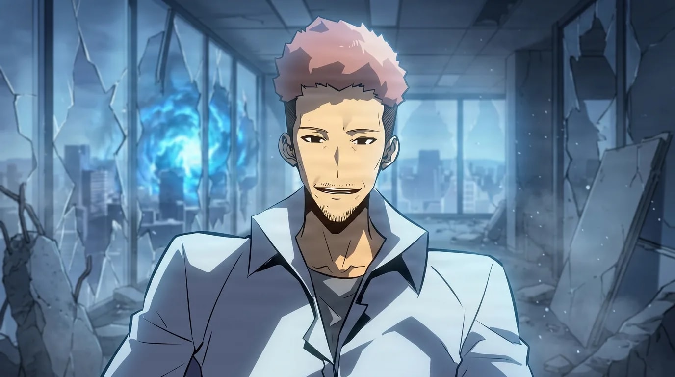 Yoo Jinho, a young man with curly pink hair and light stubble in an open white shirt, smiles in a ruined office corridor as a blue dungeon breach glows through shattered windows.
