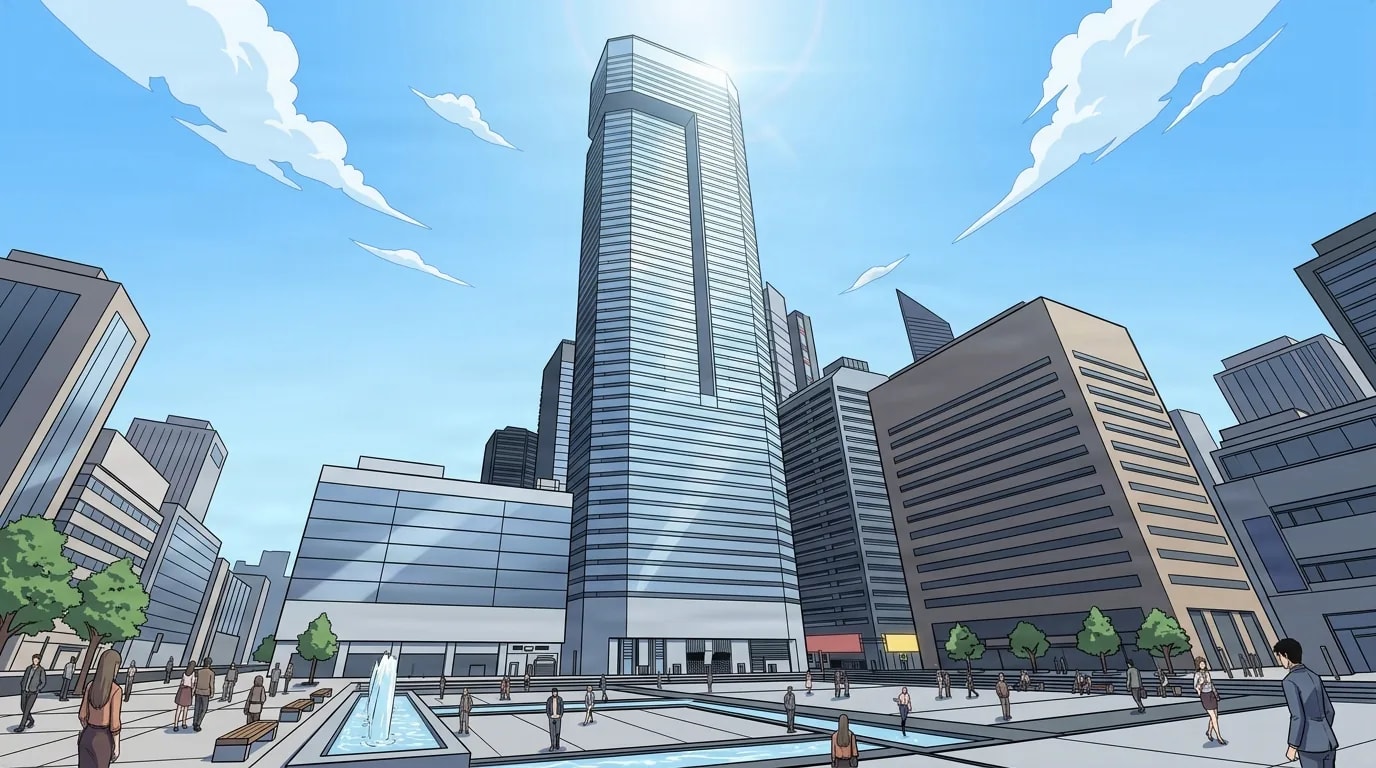 A tall glass corporate skyscraper rises above a sunlit city plaza with fountains and small crowds of people walking below.