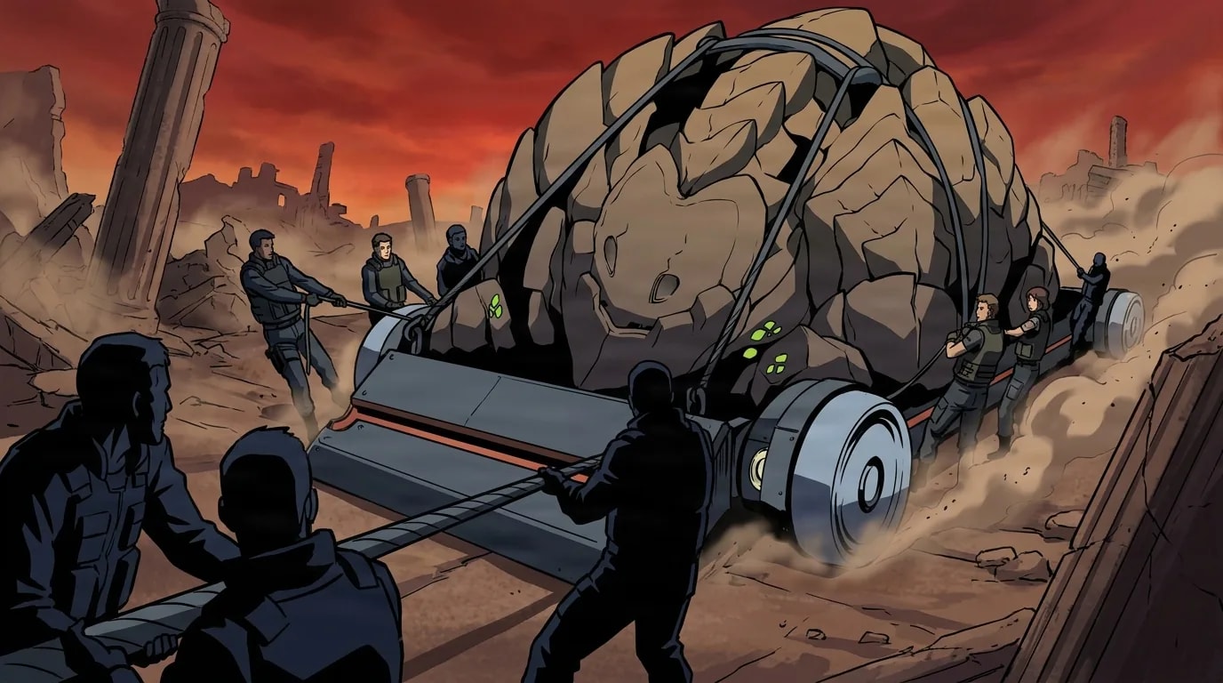 A squad of uniformed hunters hauls an enormous stone creature onto a heavy wheeled transport sled across a dusty ruined battlefield under a red sky.