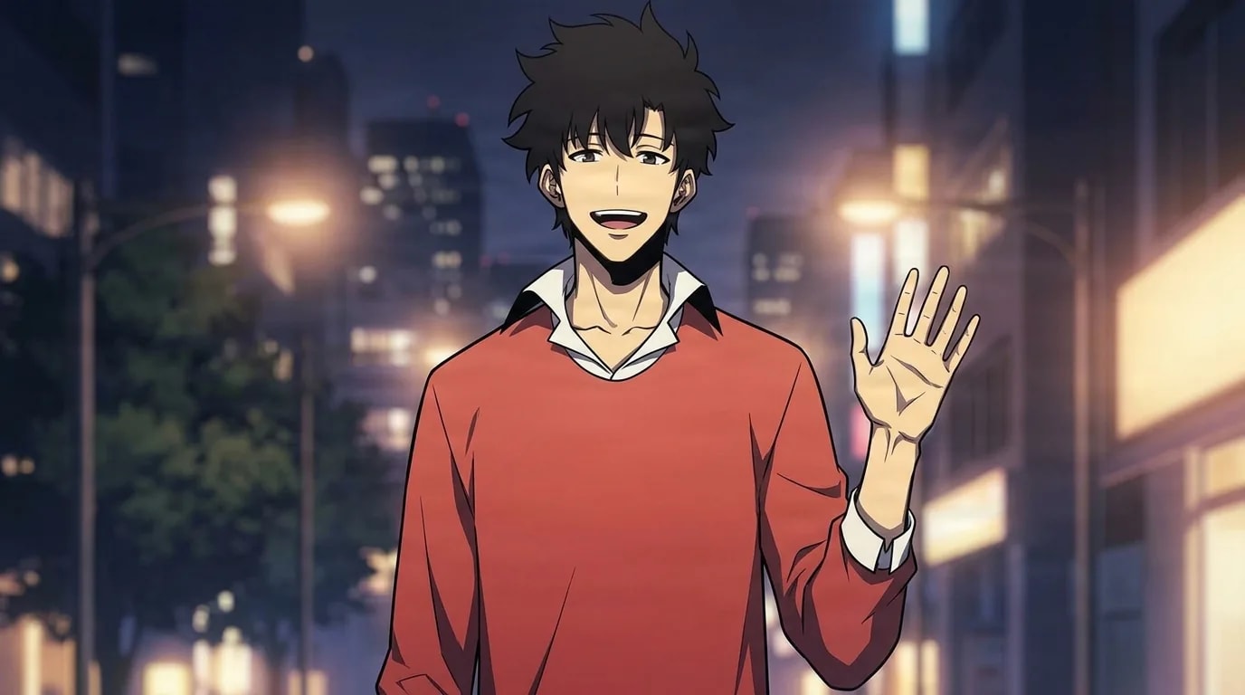 A smiling young man with spiky black hair and a red sweater raises one hand in a friendly wave on a bright city street at night.