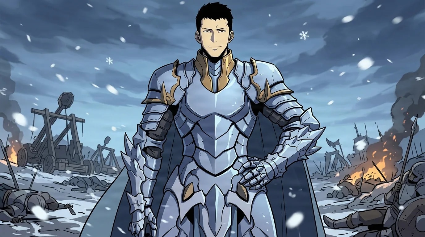 A hunter in ornate silver and gold plate armor stands with a hand on his hip on a snowy battlefield with burning wreckage behind him.
