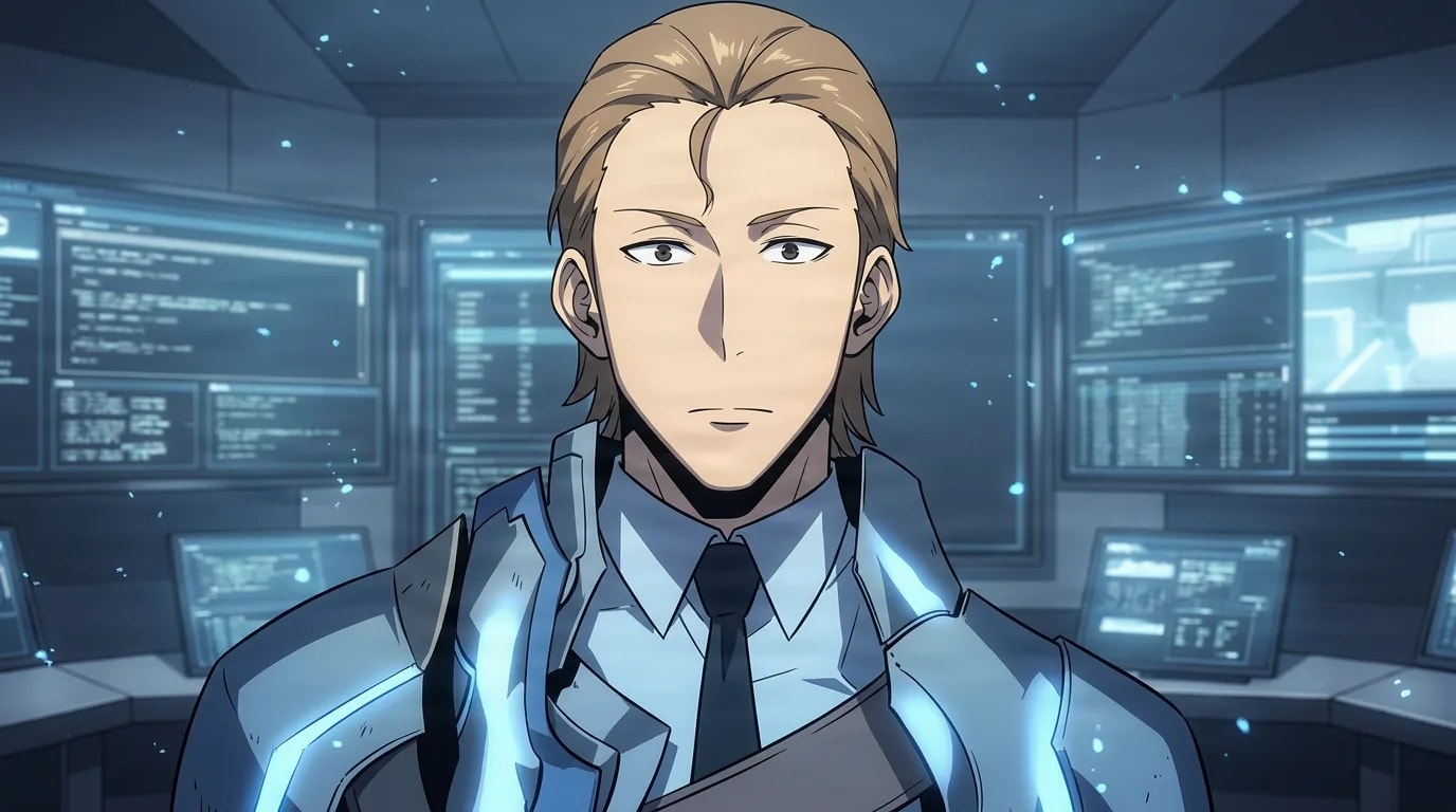A calm light haired man in a light armored uniform and tie stands in a high tech command center surrounded by glowing monitor screens.