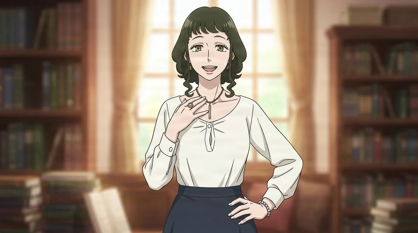 Melinda Desmond from Spy X Family in a close-framed cel-shaded anime scene with a detailed environment