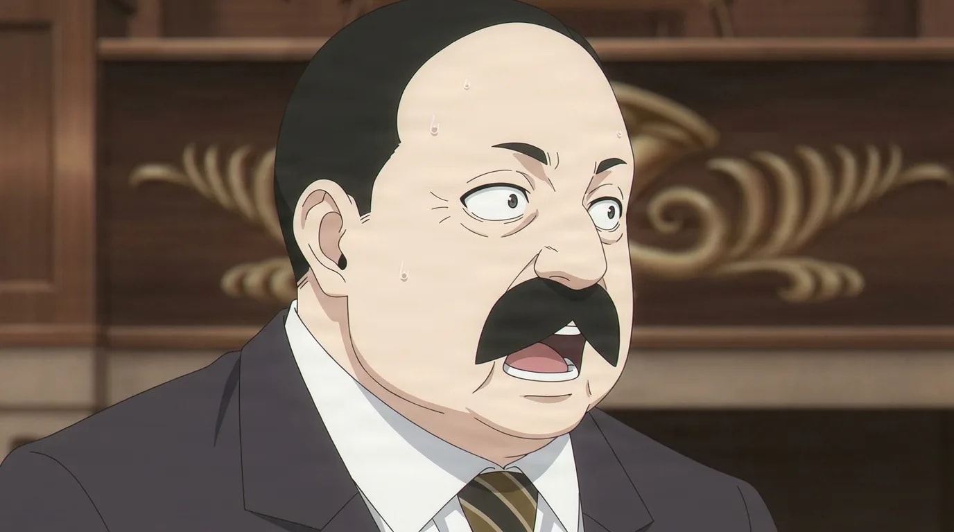 Murdoch Swan from Spy X Family in a close-framed cel-shaded anime scene with a detailed environment