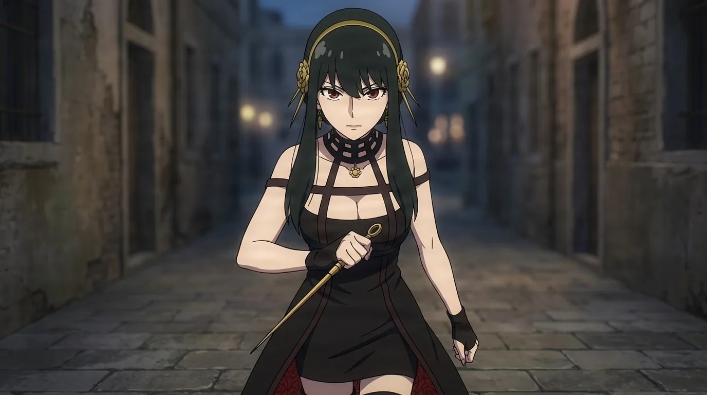 黒い暗殺ドレスと金のカチューシャを身につけたヨル・ブライアが、金色の柄がついた細身のスティレットを握りしめ、夕暮れ時の石畳の路地を歩いている。