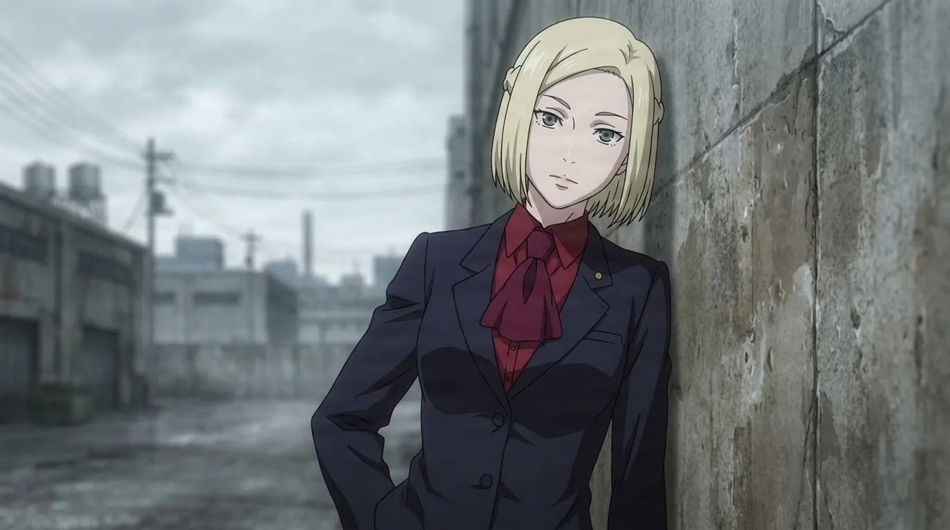 Akira Mado, a short blonde-haired woman in a dark suit and red ribbon tie, leaning on a wall in a gray industrial area.