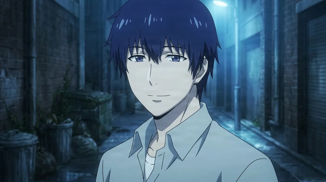 Arata Kirishima smiling faintly in a dim alley at night, dark blue hair and pale eyes, open collared grey shirt under a streetlamp