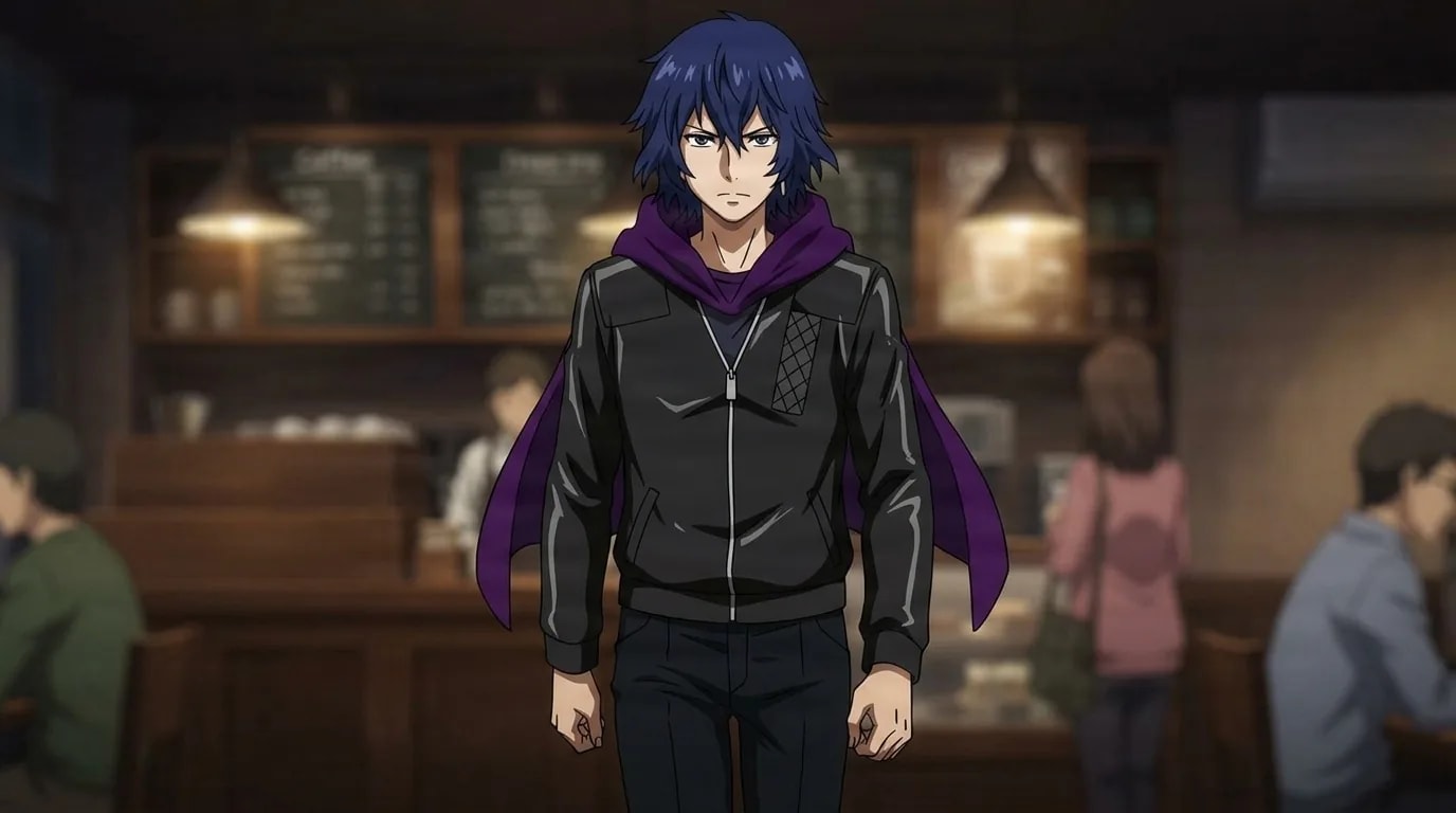 Ayato Kirishima, a blue-haired young man in a black jacket with a purple hood, standing inside a dim cafe.