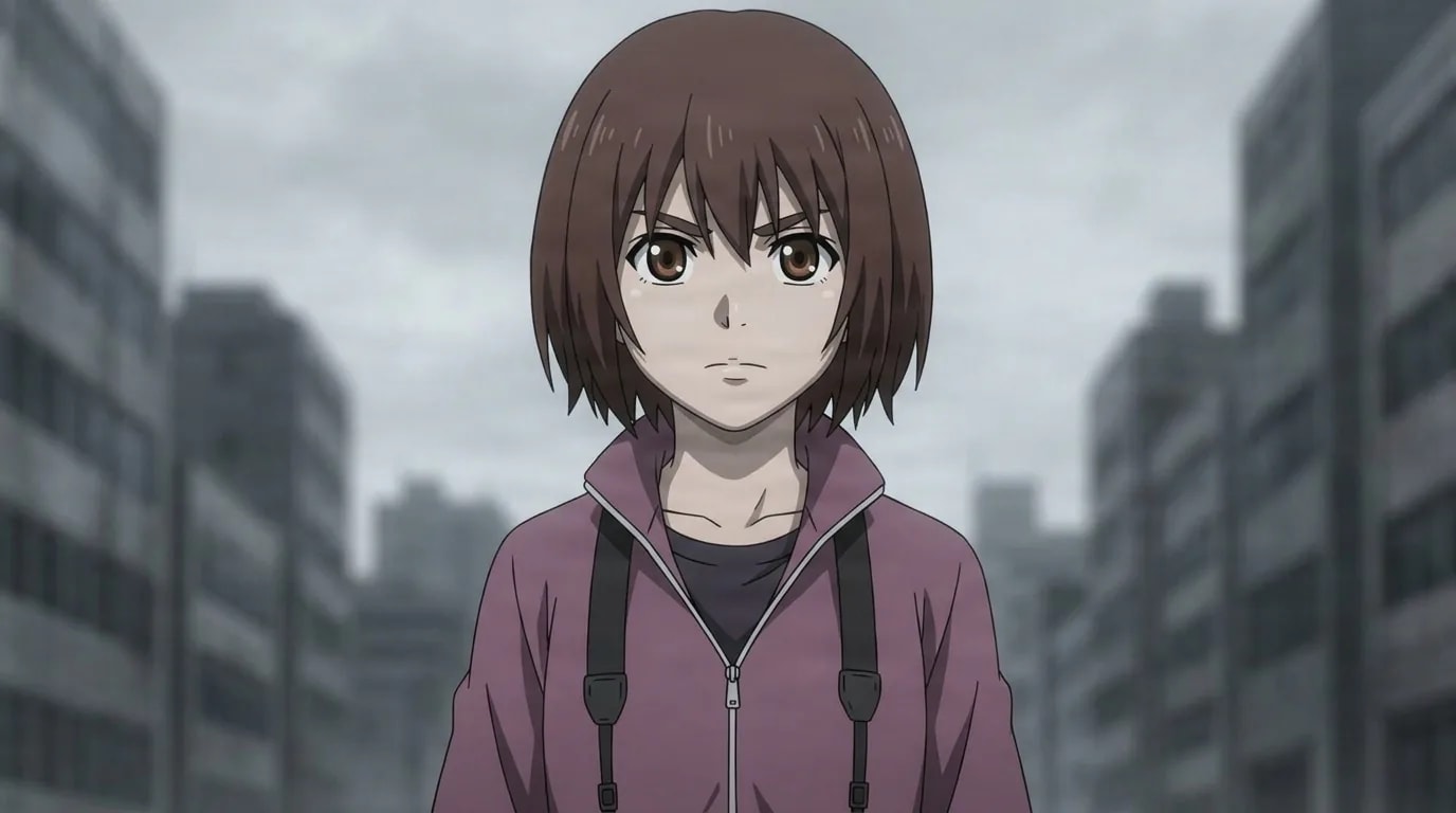 Chie Hori facing the camera with a blank stare, short brown bob, mauve zip hoodie and backpack straps, gray city skyline behind