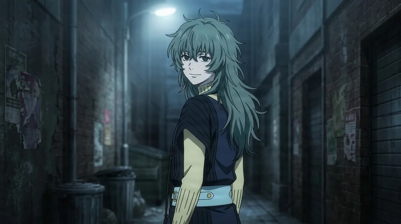 Eto Yoshimura glancing back over her shoulder in a dim alley at night, long green hair loose above a dark top and pale belt