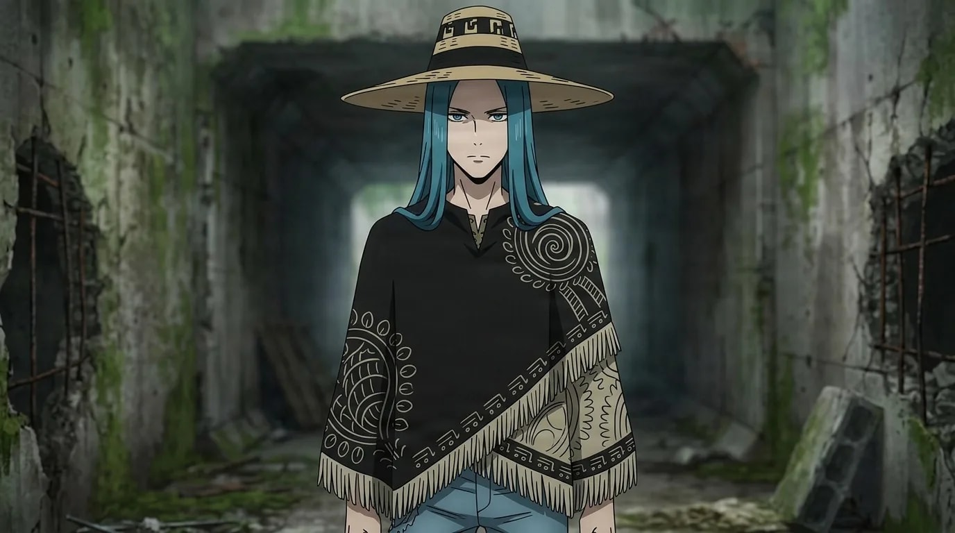 Hanbee Abara standing in a ruined mossy corridor, wearing a wide straw hat over long teal hair and a fringed black patterned poncho